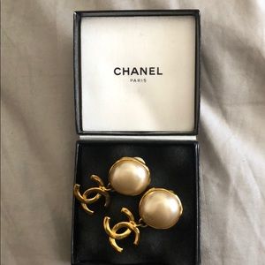Chanel clip faux pearl drop earrings.